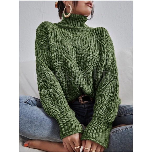 Rouge! Sweaters - Cable Knit Turtleneck Pullover Sweater Forrest Green